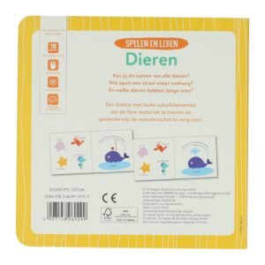 Achterkant educatief kinderboek over dieren met schuifelementen