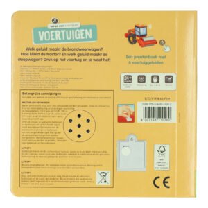 Achterkant van kinderboek Voertuigen met uitleg over geluiden en batterijvervanging.