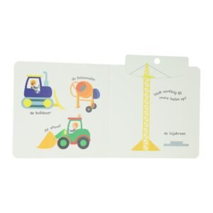 Peuterboek met illustraties van bouwmachines zoals bulldozer, betonmolen en hijskraan