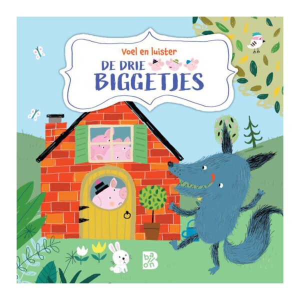 Voorkant van het interactieve kinderboek De drie biggetjes met varkentjes en de grote boze wolf. Voelgeluidenboek - De drie biggetjes