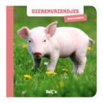 Boekcover met schattig biggetje op gras voor peuters over babydieren Dierenvriendjes - Fotokijkboek Babydieren