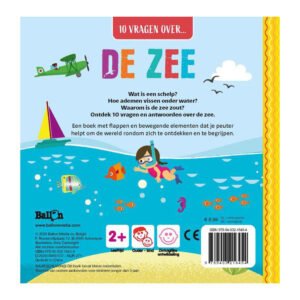 Educatieve kinderboek achterkant over de zee met kleurrijke illustraties en informatie voor peuters
