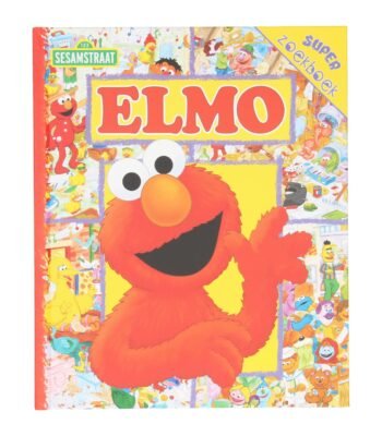 Voorkant van het Sesamstraat zoekboek met Elmo en kleurrijke illustraties van bekende figuren Super Zoekboek Elmo