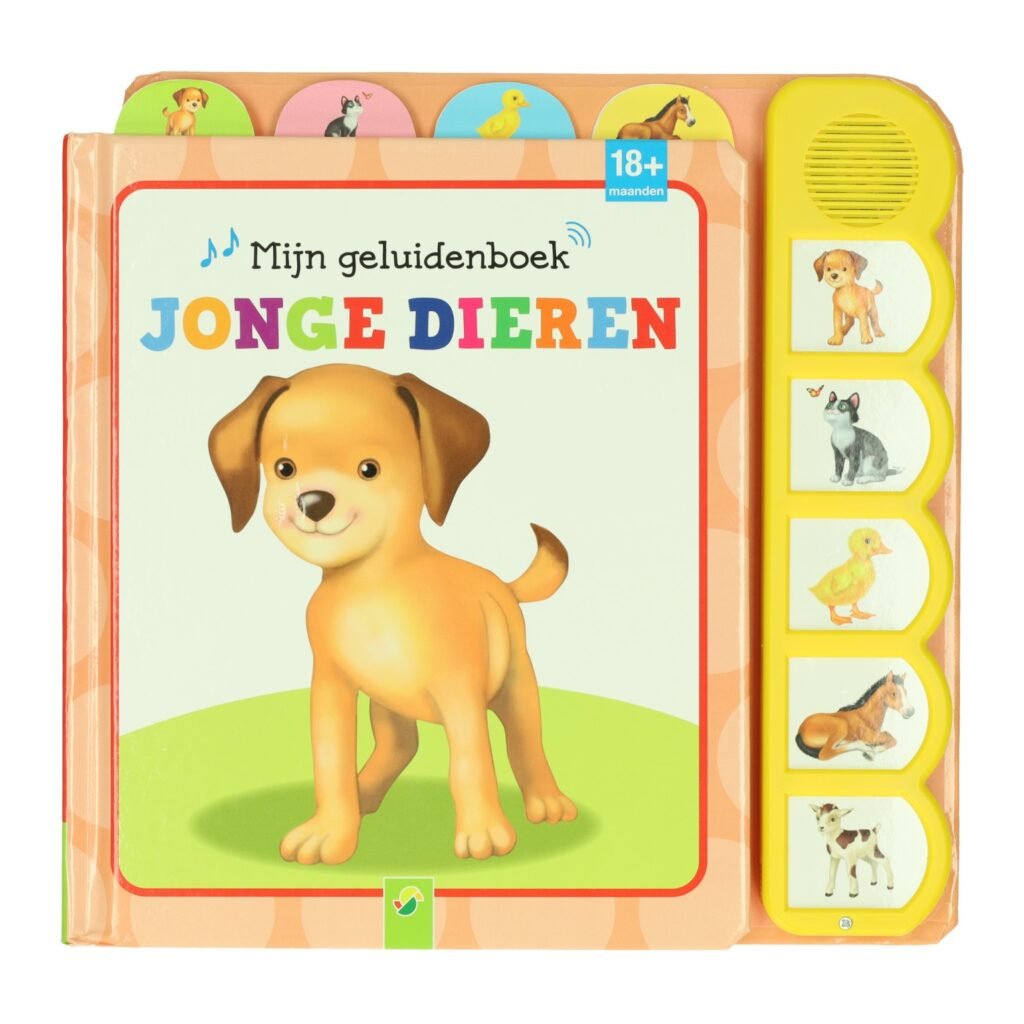 Geluidenboek "Jonge Dieren" met puppy op de kaft en geluidstoetsen Mijn Geluidenboek Jonge dieren