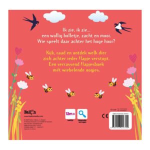 Achterkant van kinderboek met bijen, bloemen en beschrijving van flapjesboek met wiebelogen