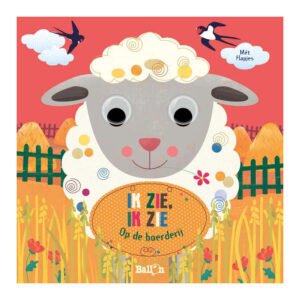 Voorkant van kinderboek met schaap met wiebelogen en tekst 'Ik zie, ik zie - Op de boerderij' Flapjesboek - Ik zie Ik zie Op de boerderij