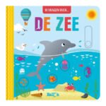Kinderboek cover met dolfijn en zeedieren over de zee uit de reeks '10 vragen over' Schuif- en Flapjesboek - 10 vragen over de Zee