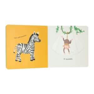Pagina uit kinderboek met zebra en apenbaby illustraties