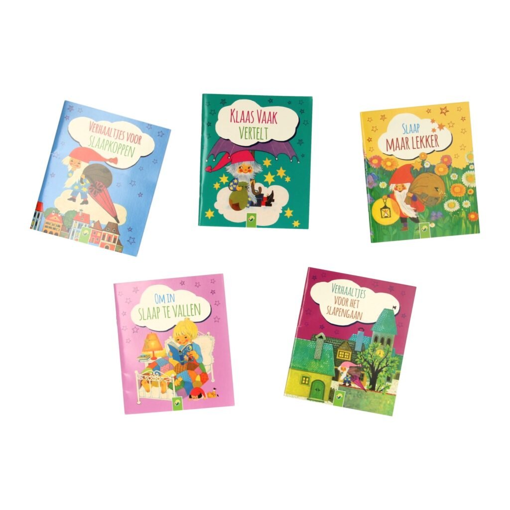 Vijf losse kinderboekjes met illustraties en titels over bedtijdverhalen voor peuters en kleuters Uitdeelboekjes Voor het Slapen Gaan, 5st.