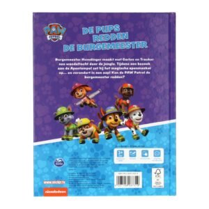 Achterkant van PAW Patrol boek "De pups redden de burgemeester" met personages en samenvatting