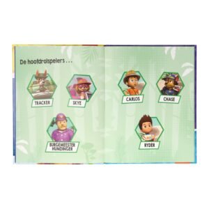 PAW Patrol boekpagina met hoofdpersonages: Tracker, Skye, Carlos, Chase, Humdinger en Ryder