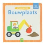 Omslag van peuterboek Spelen en Leren Bouwplaats met graafmachine Schuifboekje Spelen en Leren Bouwplaats