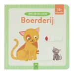 Voorzijde van educatief boerderijboek met poes voor peuters vanaf 18 maanden Schuifboekje Spelen en leren Boerderij