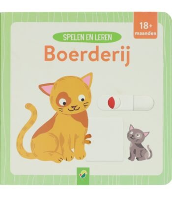 Voorzijde van educatief boerderijboek met poes voor peuters vanaf 18 maanden Schuifboekje Spelen en leren Boerderij