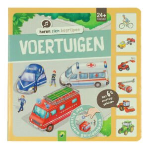 Omslag van geluidenboek Voertuigen met brandweerwagen, ambulance en politieauto. Geluidenboek Voertuigen 6 Geluiden
