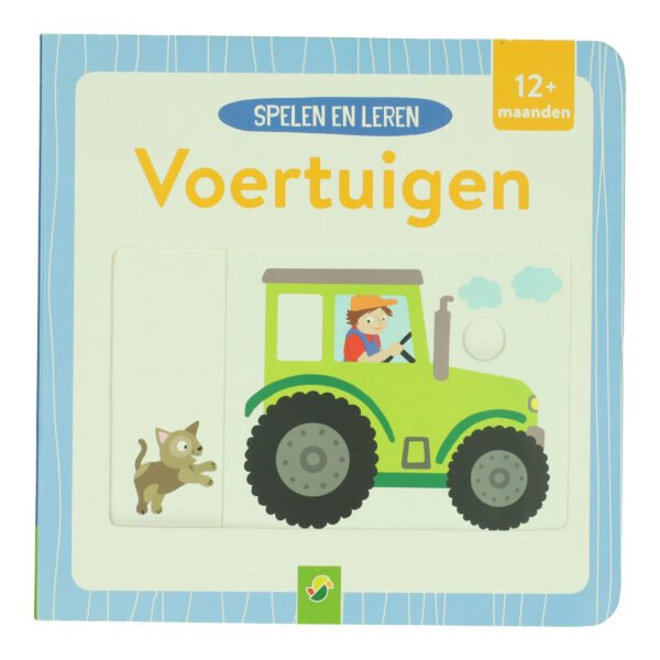 Voorkant van het kinderboek Spelen en Leren Voertuigen met groene tractor en kat Schuifboekje Spelen en Leren Voertuigen