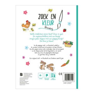 Achterkant van het zoek en kleurboek Boerderij met kleurrijke illustraties en beschrijving voor kinderen vanaf 4 jaar