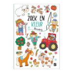 Voorkant van het zoek- en kleurboek - Boerderij met boerderijdieren, tractor en kinderen in kleurrijke illustraties Zoek en kleur - Boerderij