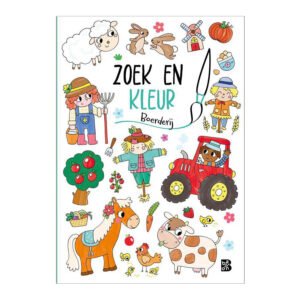 Voorkant van het zoek- en kleurboek - Boerderij met boerderijdieren, tractor en kinderen in kleurrijke illustraties Zoek en kleur - Boerderij