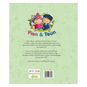 Achterkant van Fien & Teun voorleesboek met beschrijving van boerderij-avonturen