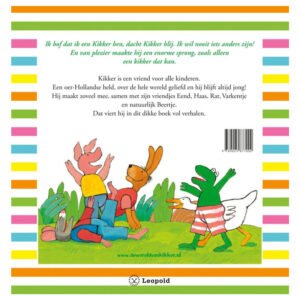 Achterkant van het voorleesboek 'Kikker' met Kikker en zijn vriendjes in kleurrijke illustratie.