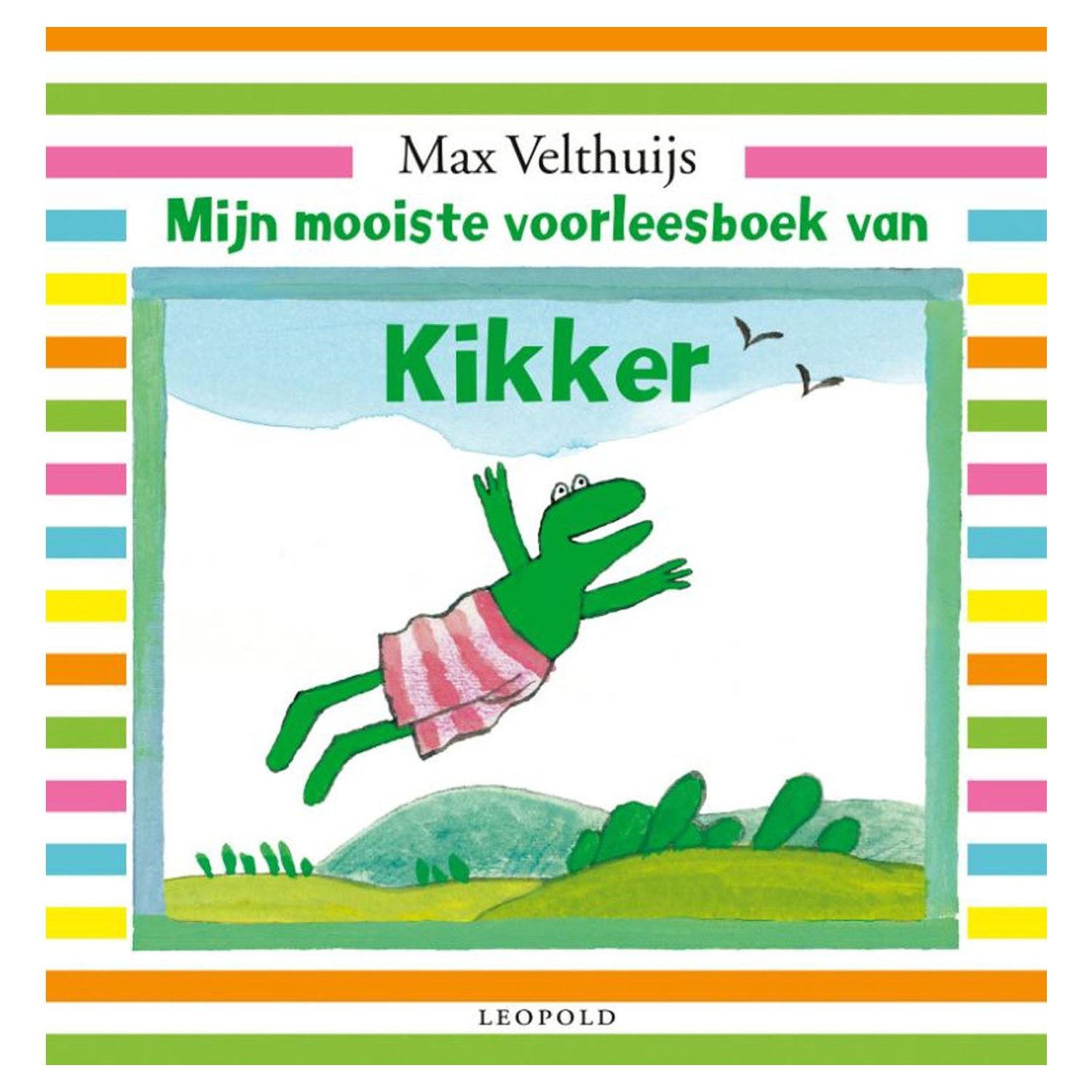 wpg-uitgevers-mijn-mooiste-voorleesboek-van-kikker-voorkant-max-velthuijs Voorkant van 'Mijn mooiste voorleesboek van Kikker' met springende Kikker in rood-witte zwembroek. Mijn mooiste voorleesboek van Kikker