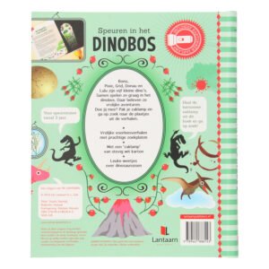 Achterkant van kinderboek Speuren in het Dinobos met dinosaurus illustraties