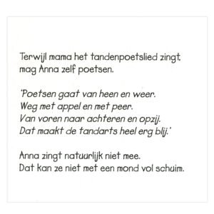 Boekpagina met tandpoetsliedje voor peuters over Anna die zelf haar tanden poetst