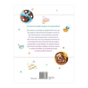 Achterkant van kinderkookboek met kleurrijke illustraties en boekbeschrijving