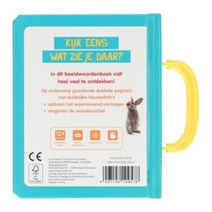 Achterkant van kinderboek 'Kijk eens wat zie je daar?' met beschrijving en icoontjes voor 12+ maanden