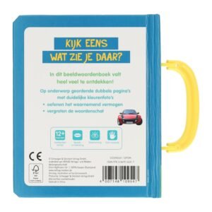 Achterkant van beeldwoordenboek met beschrijving en gele handgreep