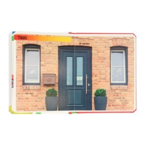 Kinderboekpagina met voordeur en ramen op bakstenen gevel