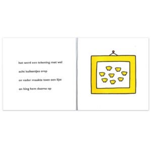 Illustratie van acht gele kuikentjes in een lijst aan de muur in kinderboek