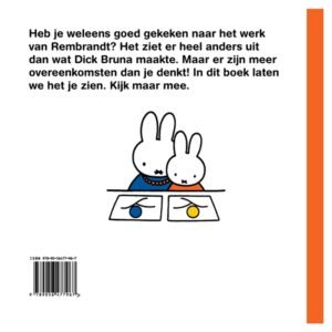 Achterkant kinderboek Nijntje x Rembrandt met illustratie van Nijntje en Nederlands tekstfragment