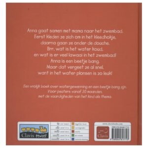 Achterkant van het kinderboek Anna in het zwembad met beschrijving over watergewenning voor peuters