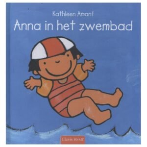 Voorkant van het kinderboek Anna in het zwembad met meisje in badpak en zwemmuts in het water Anna in het zwembad