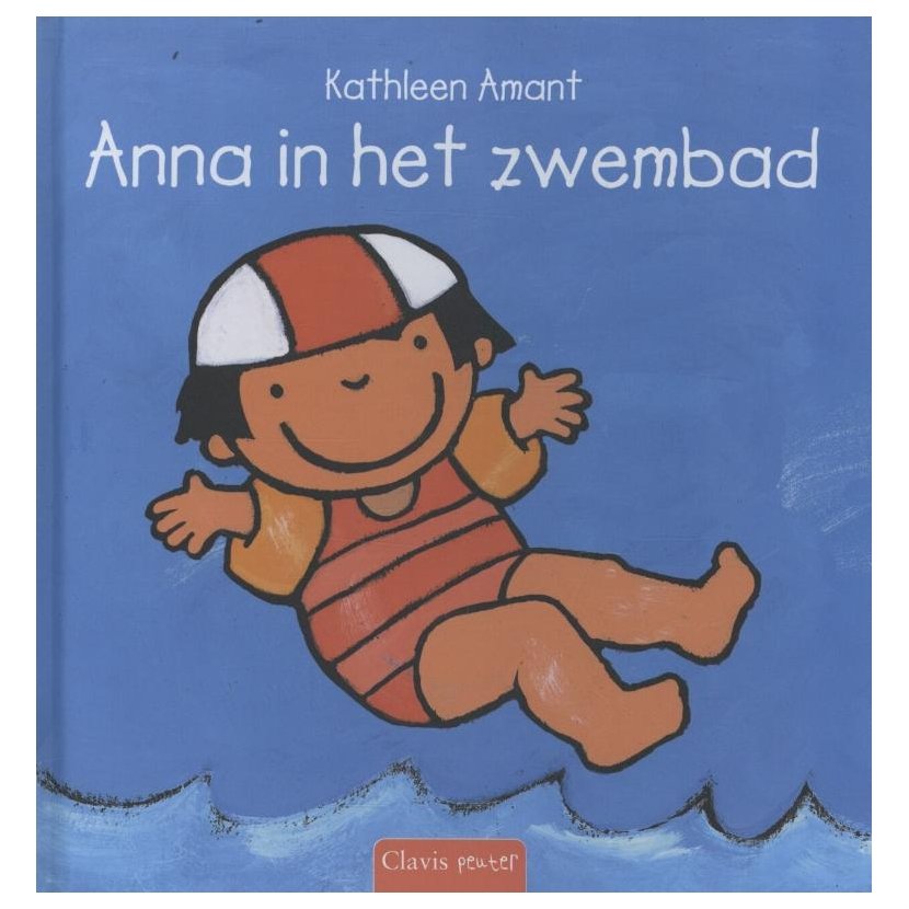 Voorkant van het kinderboek Anna in het zwembad met meisje in badpak en zwemmuts in het water Anna in het zwembad