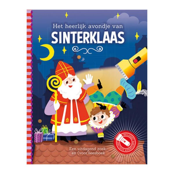 Cover kinderboek Het heerlijk avondje van Sinterklaas met zaklamp zoekboek Het heerlijk avondje van Sinterklaas + kartonnen zaklamp