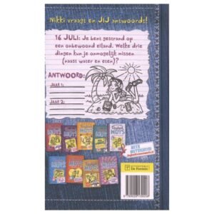 Achterkant van Dagboek van een Muts met vraag over onbewoond eiland en overzicht van boekenreeks