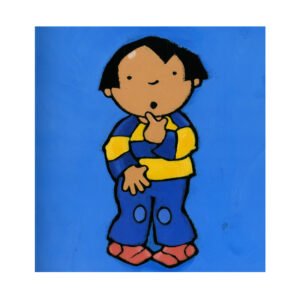 Illustratie van meisje met buikpijn op blauwe achtergrond