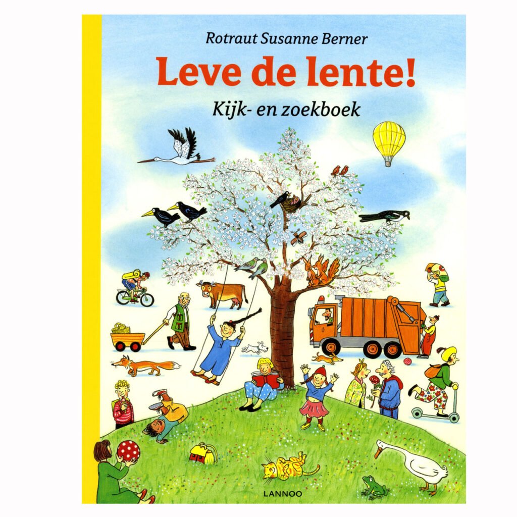 Boekomslag Leve de lente! kijk- en zoekboek met bloesemboom en spelende kinderen Leve de lente Kijk en Zoekboek