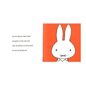 Illustratie van Nijntje op oranje achtergrond met tekst over strand en zee