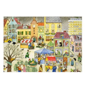 Gedetailleerde winterse stadsillustratie met kerstmarkt, besneeuwde huizen en spelende kinderen