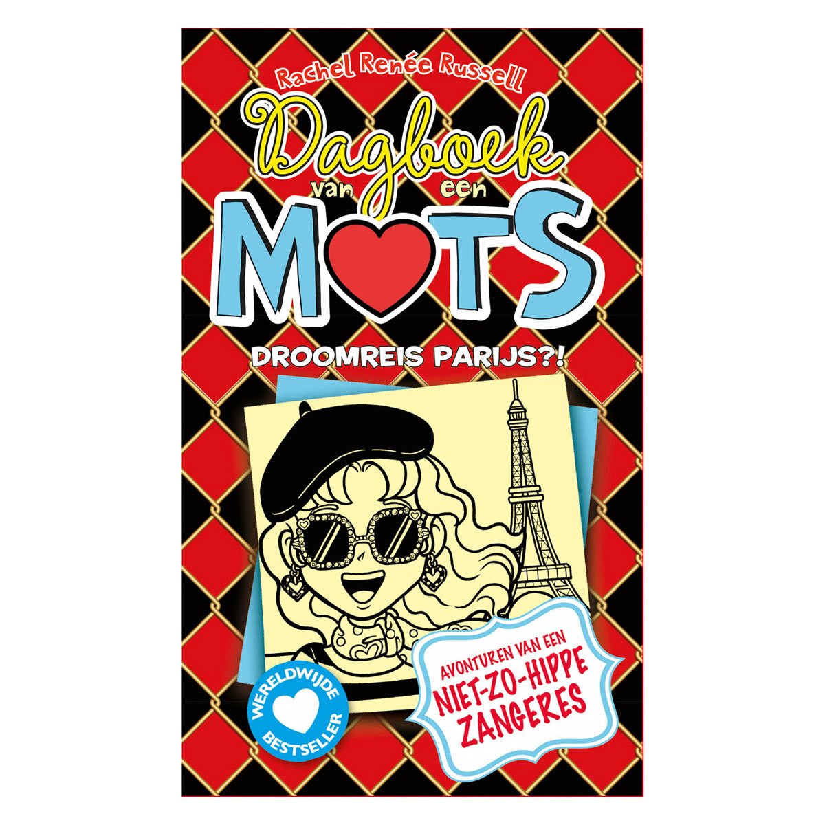 dagboek-van-een-muts-droomreis-parijs-voorkant Boekcover voorzijde Dagboek van een Muts - Droomreis Parijs?! van Rachel Renee Russell met illustratie van Nikki bij de Eiffeltoren