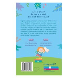 Achterkant van kinderboek met uitleg over AVI-niveau M4 tot E4 voor beginnende lezers