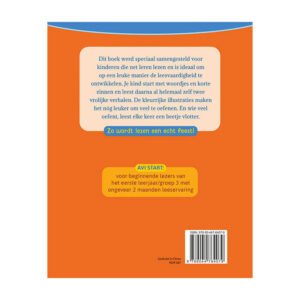 Achterkant van het kinderboek Leesfeest met uitleg over AVI Start en leesontwikkeling.