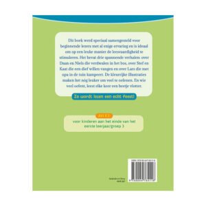 Achterkant van kinderboek Leesfeest met uitleg over AVI-niveau en verhalen.