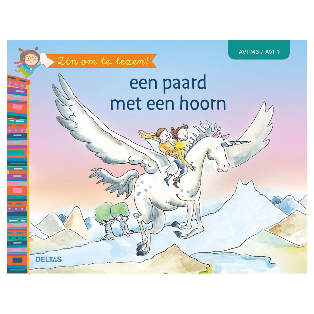 Boekcover Een paard met een hoorn met vliegende eenhoorn en twee kinderen in de bergen zin om te lezen! - een paard met een hoorn