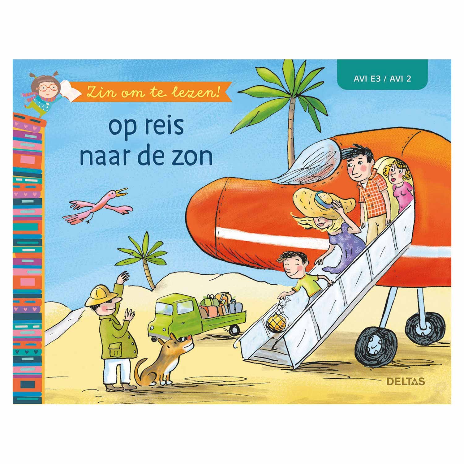 deltas-boekcover-op-reis-naar-de-zon-kinderen-vliegtuig-zonnig-eiland Kinderen stappen uit vliegtuig op zonnig eiland met palmbomen – boekcover Op reis naar de zon zin om te lezen! - op reis naar de zon