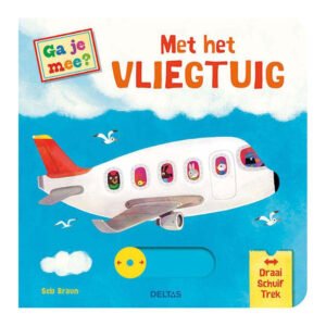 Cover kinderboek 'Met het Vliegtuig' met vrolijke dieren in vliegtuigraampjes Ga je mee? Met het vliegtuig Kartonboek